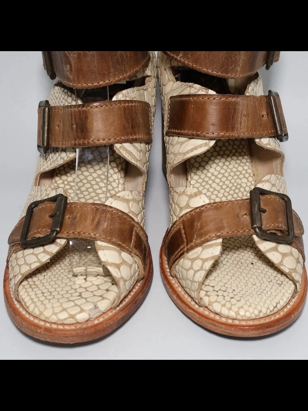 Freebird by Steven Bond Heeled Gladiator Sandals Snake Embossed Leather 7 READ